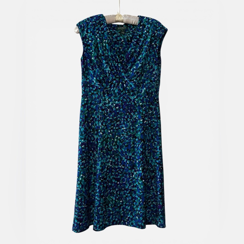 Ralph Lauren Teal Navy Patterned Midi Dress V-Neck Cap Sleeves